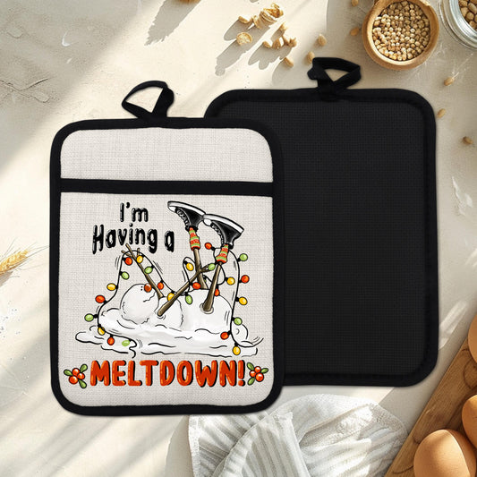 Funny Snowman Pot Holder with Im Having a Meltdown Quote - Holiday Kitchen Decor with Christmas Lights  Holly