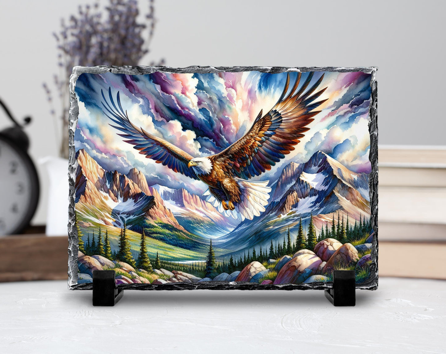 Watercolor Eagle Slate Plaque - Majestic Eagle in Flight Over Mountain Valley Rustic Wildlife Decor