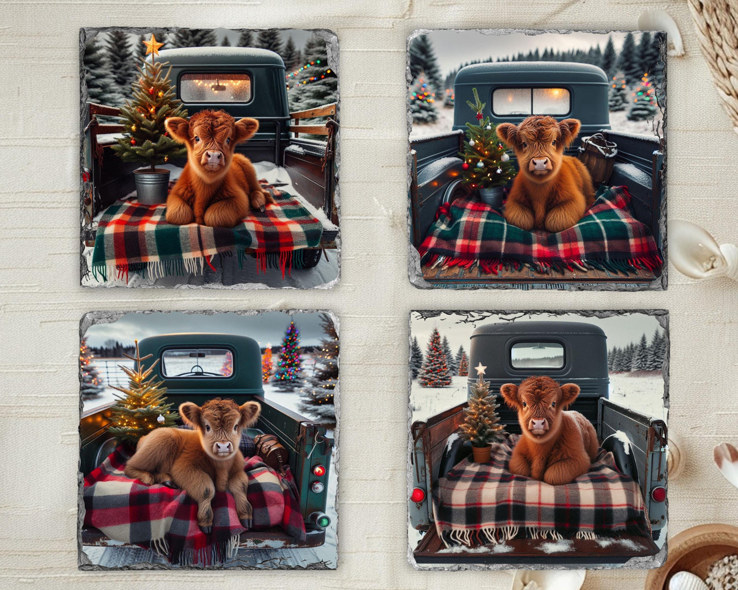 Highland Cow Christmas Coaster Set with Rack - Rustic Slate Coasters Featuring Baby Cow in Truck Perfect for Farmhouse Decor