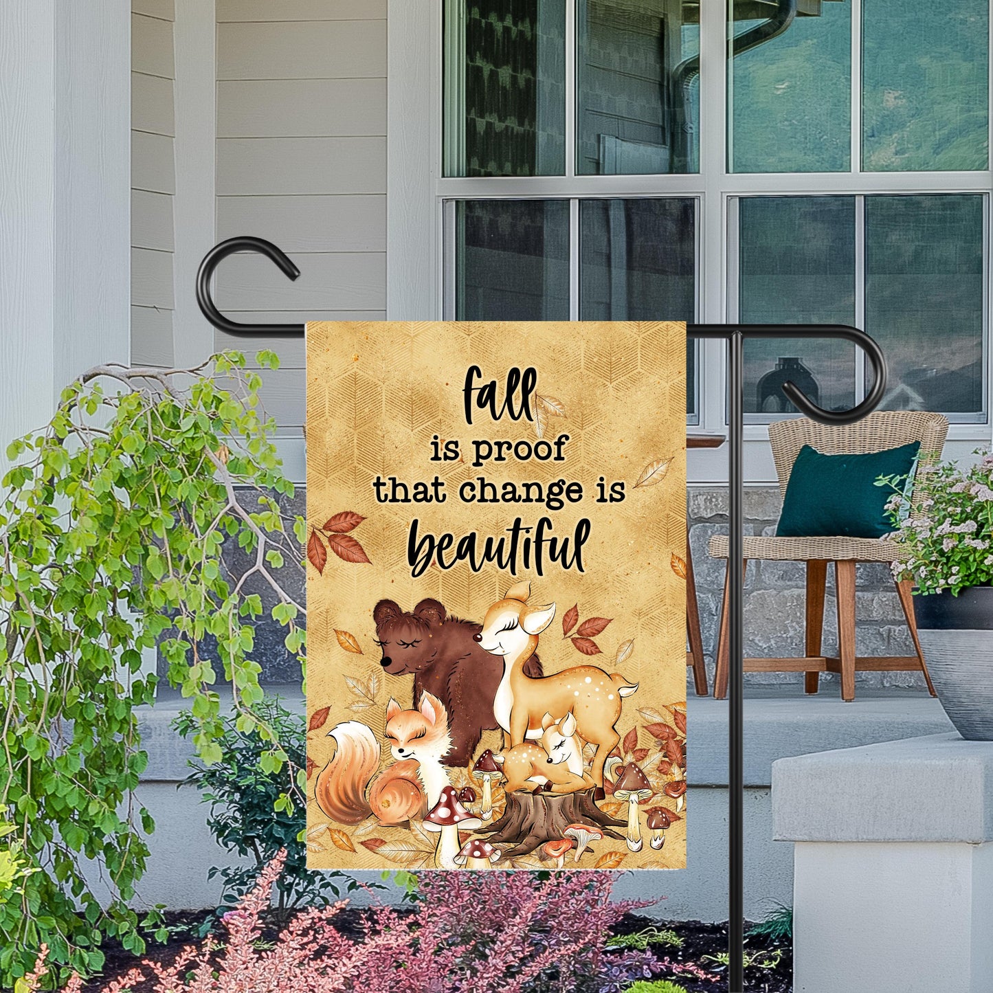 Double-Sided Woodland Creatures Fall Garden Flag with Change is Beautiful Quote - 12x18 Inch
