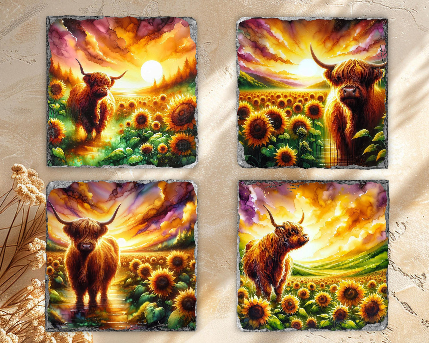 Highland Cow Slate Coaster Set with Sunflower Meadow Design Unique Fractured Edges