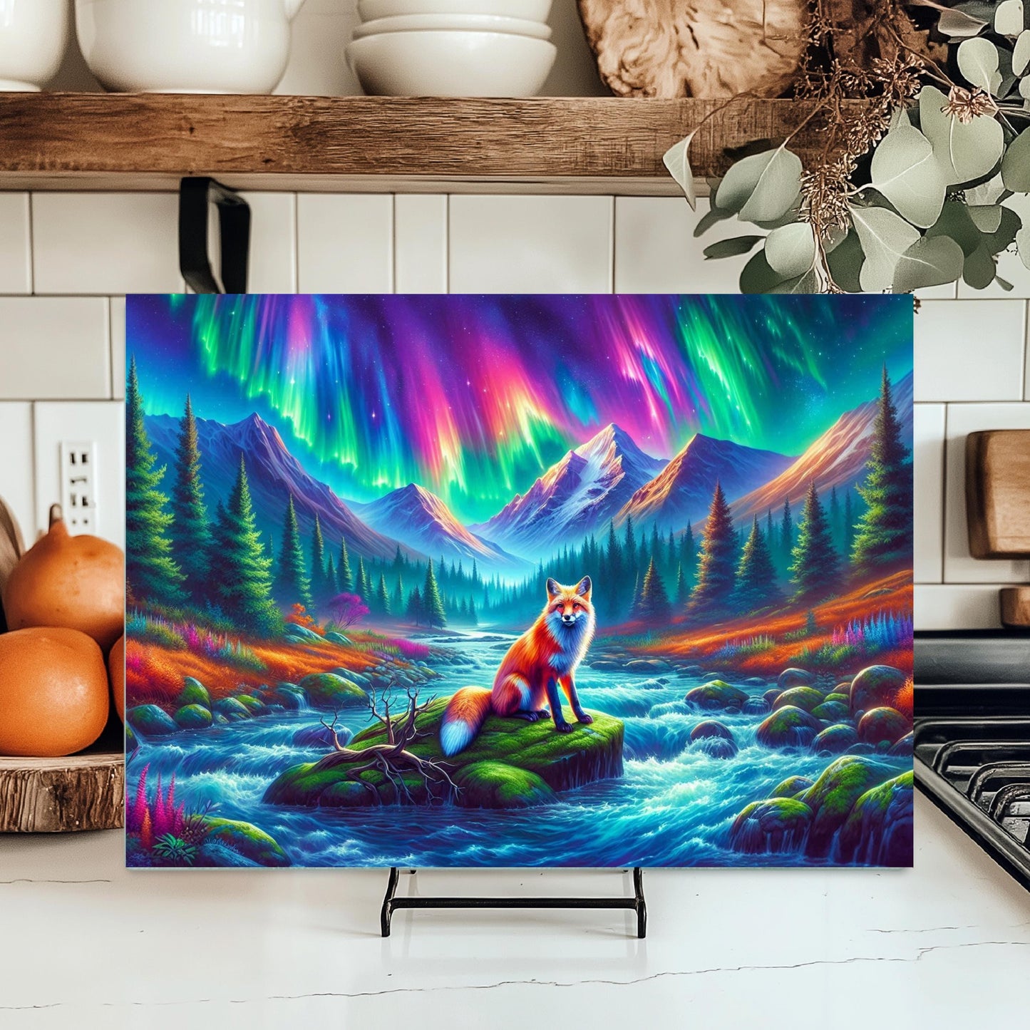 Vibrant Fox Cutting Board - 11x15 Inch Tempered Glass Mountain Valley Design