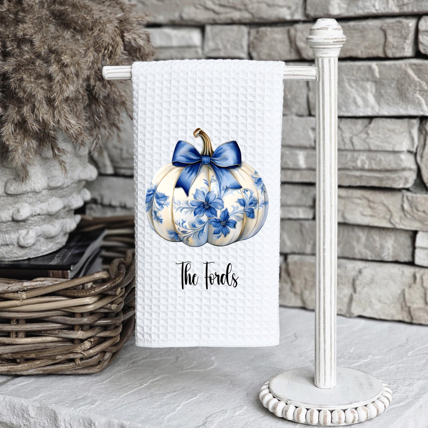 Custom Name Waffle Weave Towel, Chinoiserie Coquette Pumpkin & Blue Bow