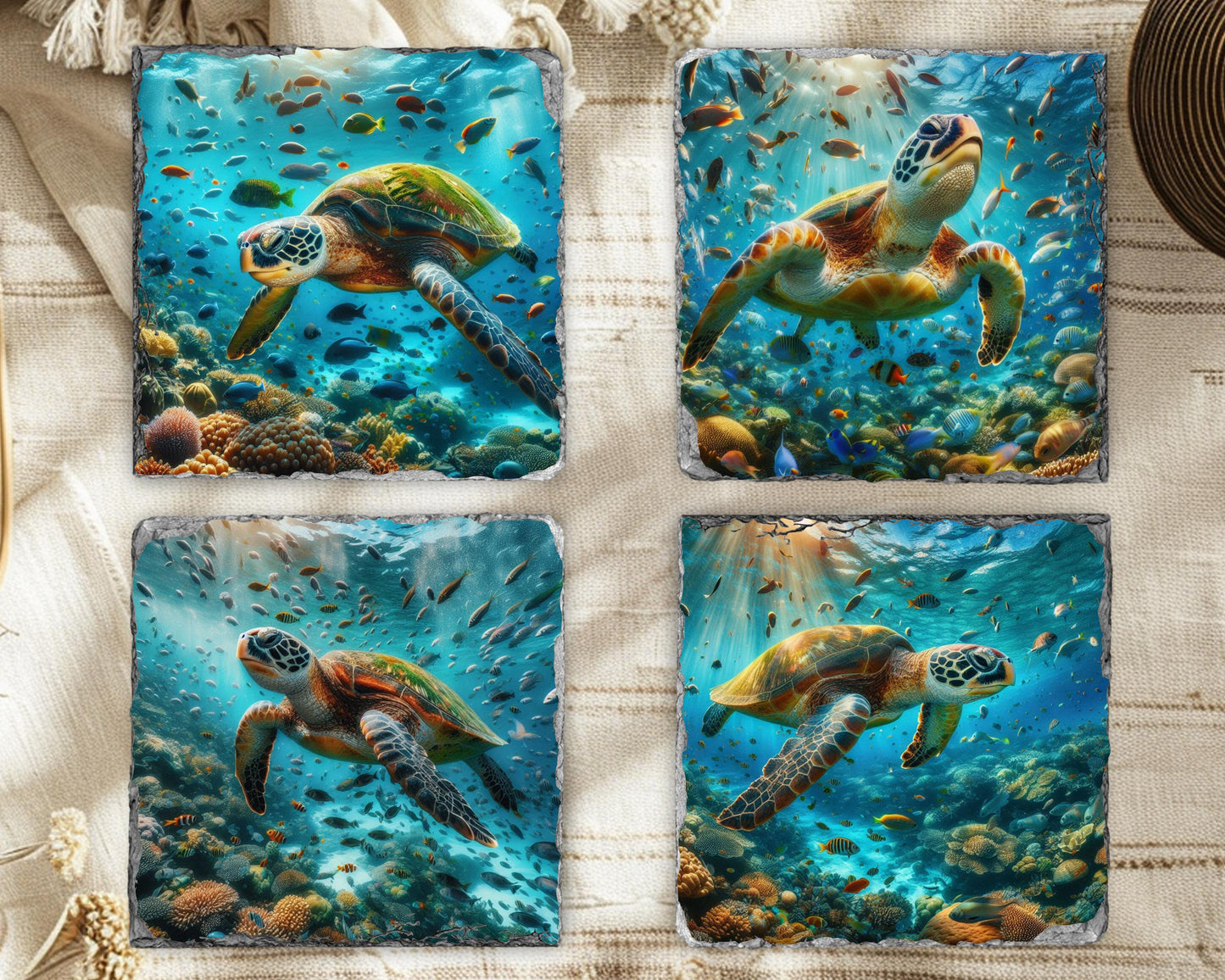 Ocean Slate Coaster Set - Beach House Drinkware Gift for Coastal Decor