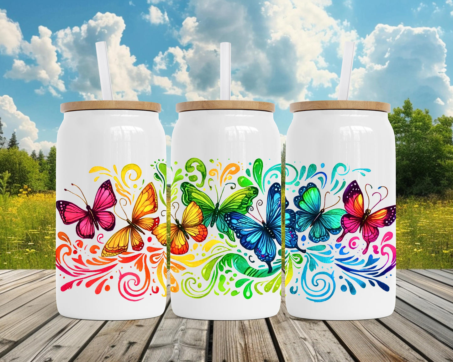 Rainbow Butterfly Insulated Tumbler, 16oz Stainless Steel Travel Cup, Butterfly Gift for Her