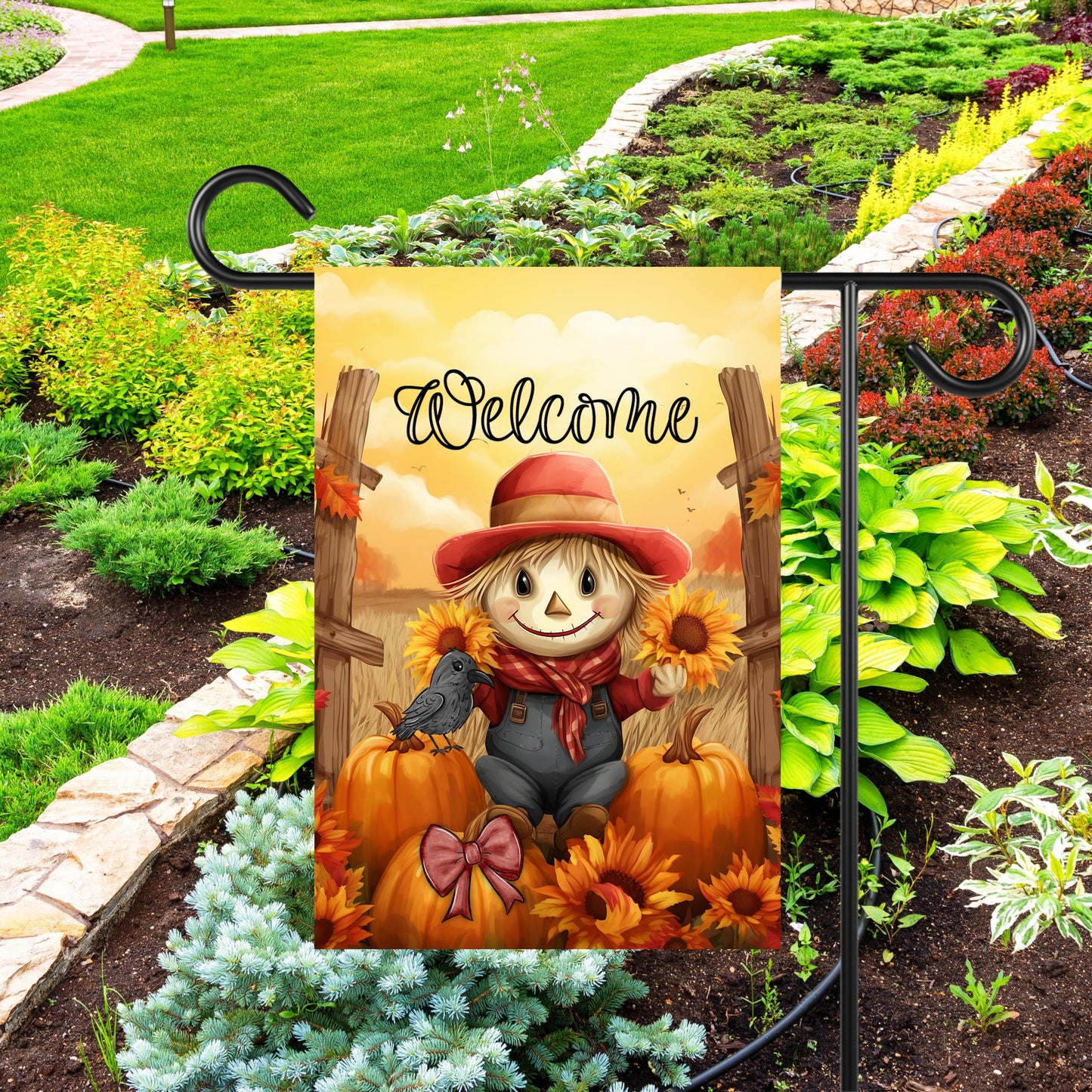 Double-Sided Garden Flag Featuring Scarecrow Pumpkins Sunflowers and Autumn Sunset