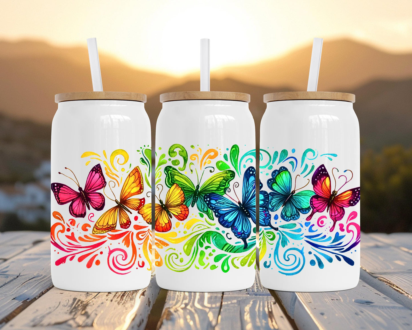 Rainbow Butterfly Insulated Tumbler, 16oz Stainless Steel Travel Cup, Butterfly Gift for Her