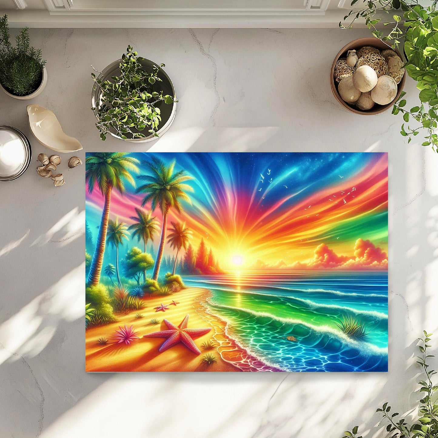 Tropical Sunset Glass Cutting Board with Starfish Design - Ideal Unique Hostess Gift