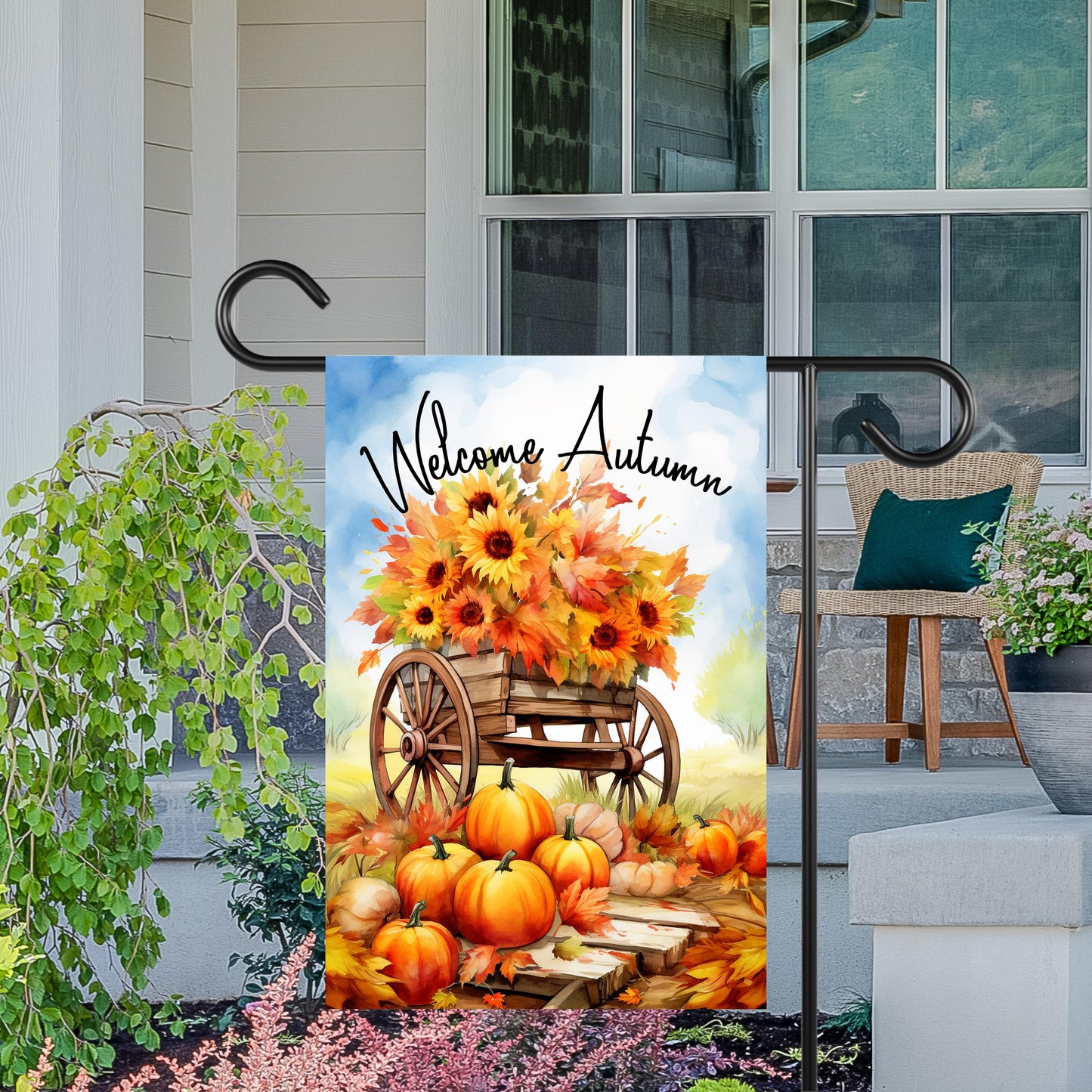 Autumn Garden Flag with Pumpkins and Blue Sky - 12x18 Inch Seasonal Decor