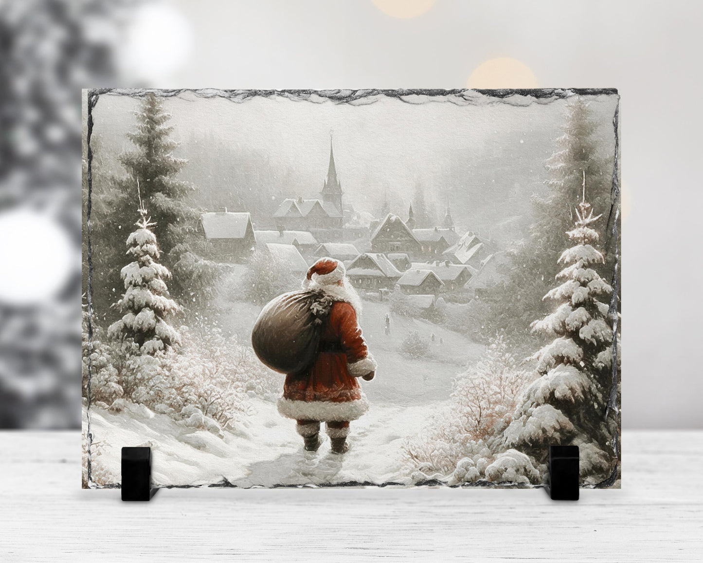 Vintage Village Santa Slate, Snowy Path Christmas Scene, Gift for Santa Lovers