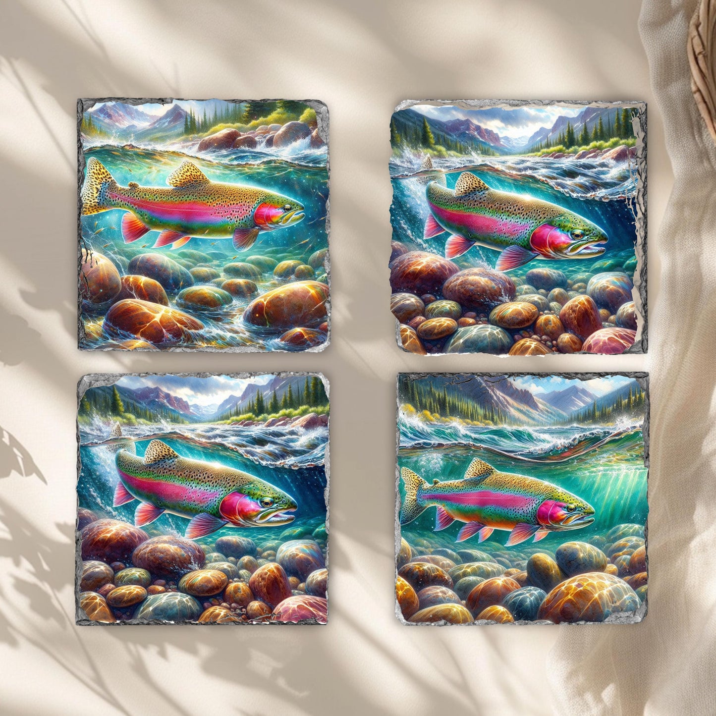 Rainbow Trout Slate Coaster Set with Fractured Edges 4 Sublimation Prints Black Rack for Coffee Table or Gift