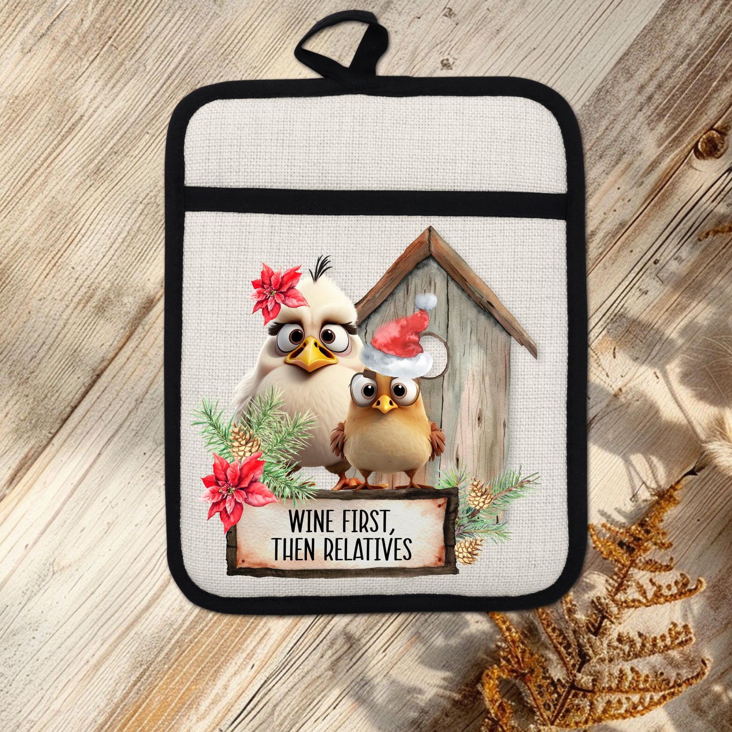 Funny Chicken Christmas Pot Holder with Wine First Then Relatives Quote - Rustic Linen Hot Pad Holiday Gift