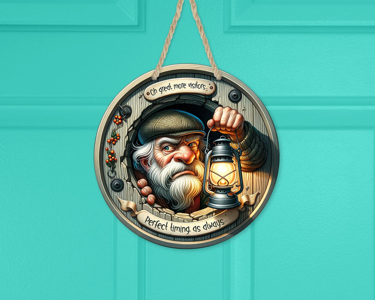 Quirky Round Door Hanger with Funny Old English Man Lantern Quote - Unique Housewarming Gift for Dad or New Home