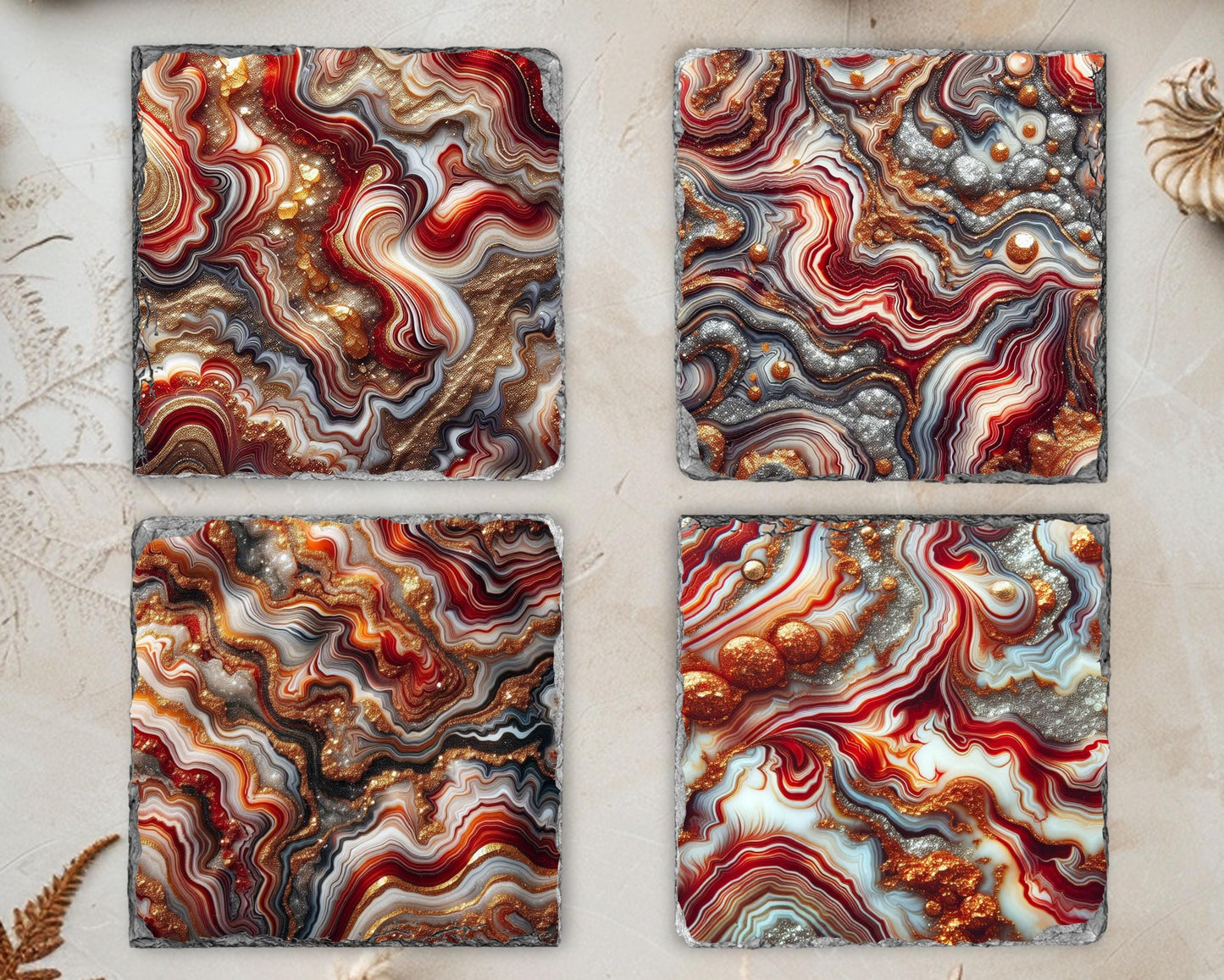 Fractured Edge Slate Coasters Set of 4 with Red Gold Glitter Agate - Unique Housewarming Gift for New Home Decor