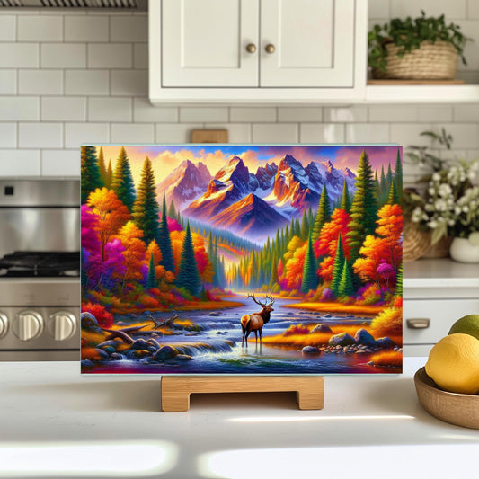 Glass Cutting Board with Elk in Mountain River Design - Fall Wildlife Kitchen Decor