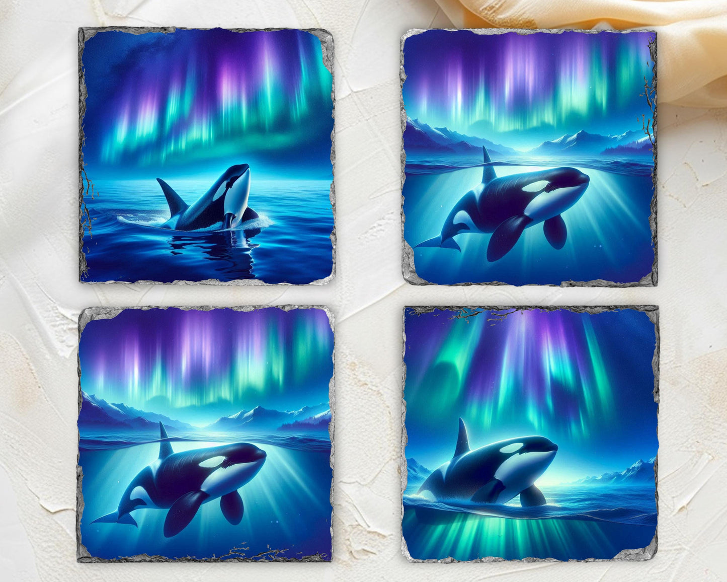Ocean Orca Coasters Set of 4 Unique Northern Lights Decor for Whale Lovers