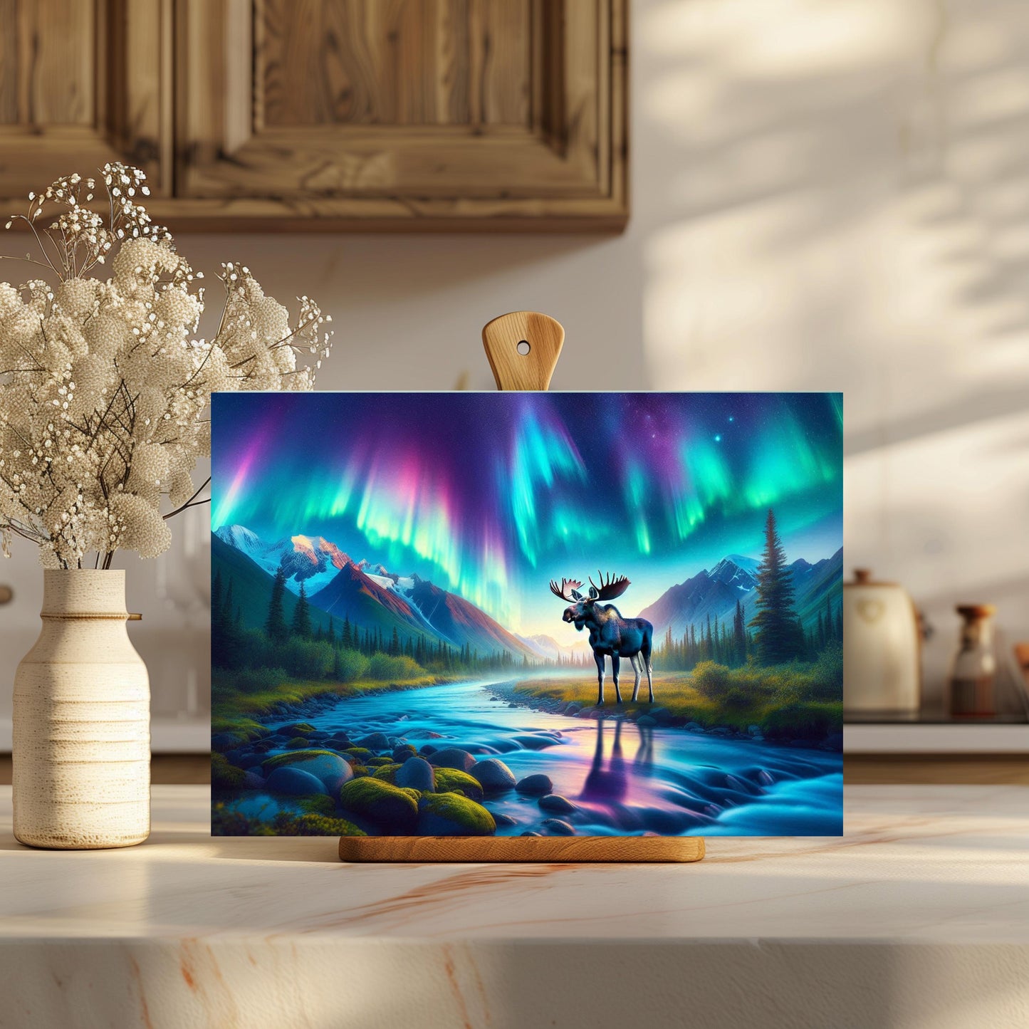 Northern Lights Moose River Glass Cutting Board, Outdoor Lover Gift, Hostess Housewarming Gift, Charcuterie Board, Moose Lover Gift