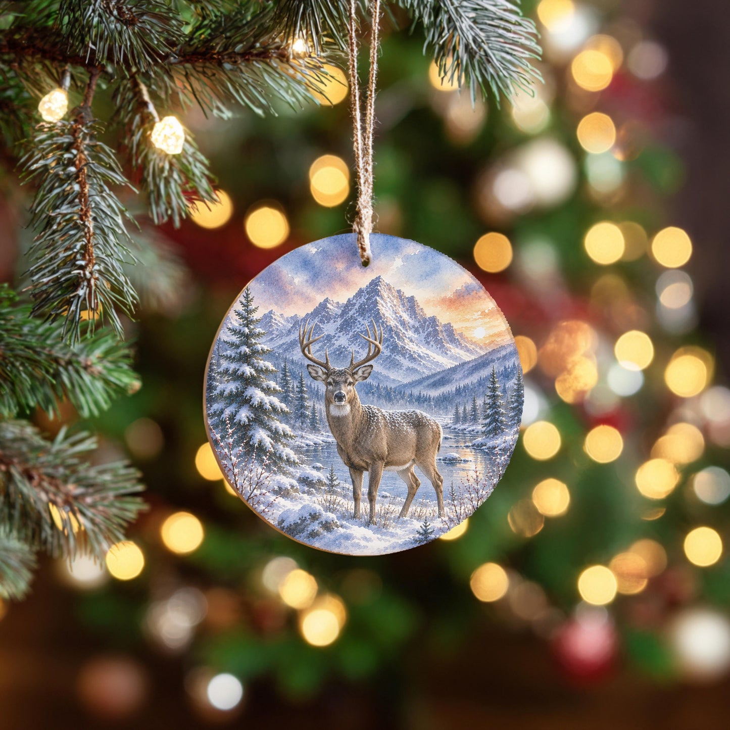 Whitetail Deer Ornament, Watercolor Mountain River Scene, Ceramic, 3 Inch