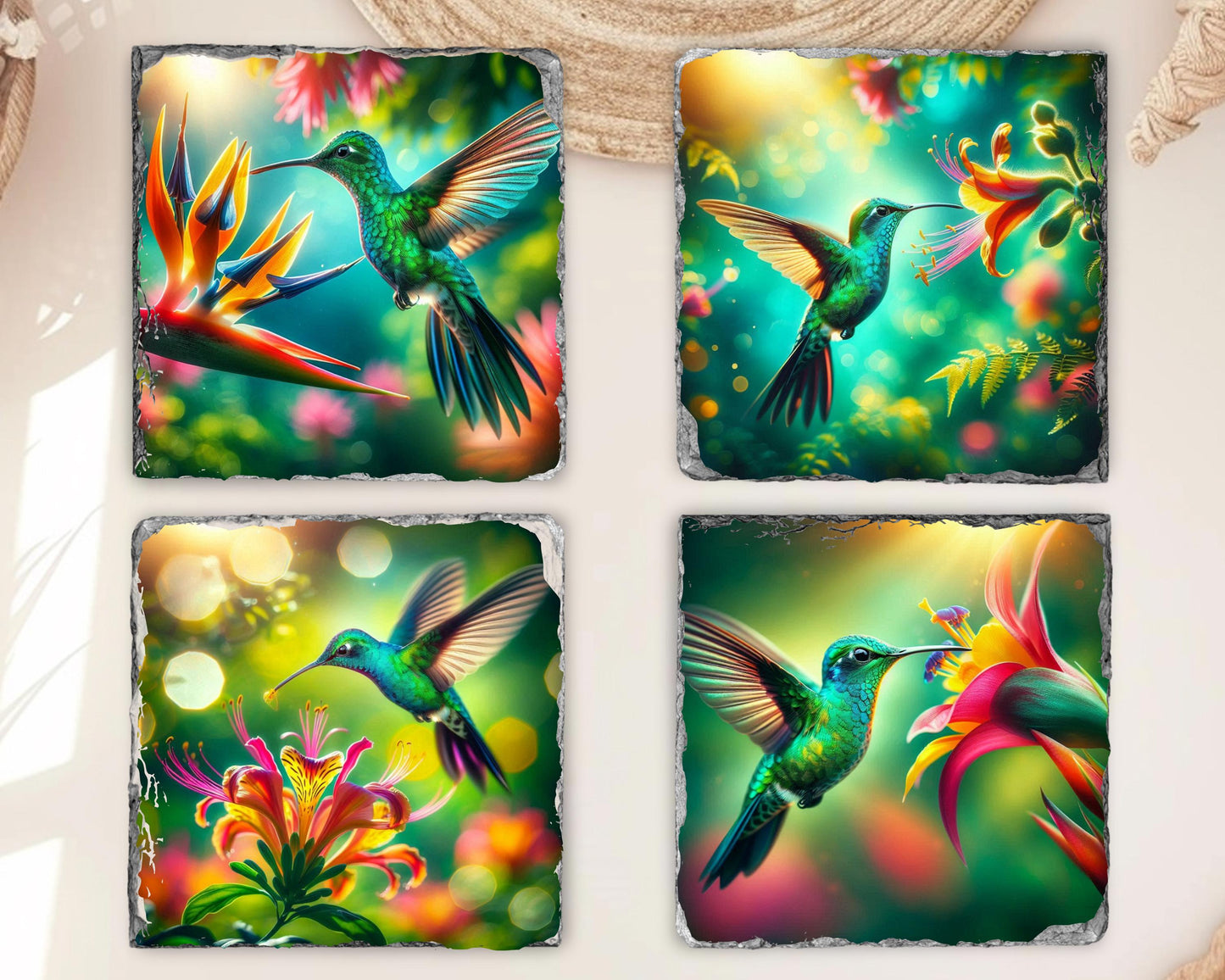 Hummingbird Slate Coaster Set - Colorful Floral Drink Coasters for Nature Enthusiasts