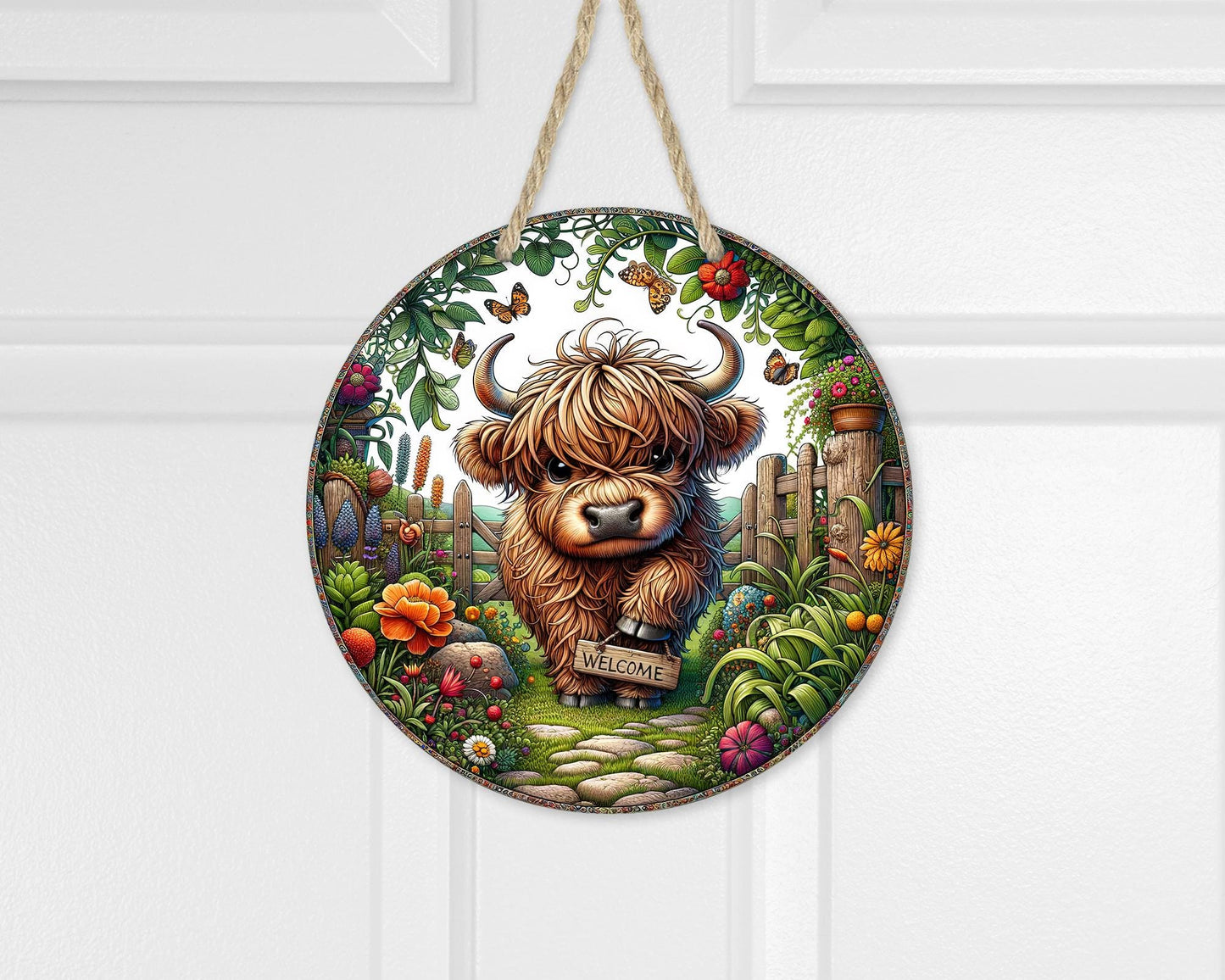 Colorful Baby Highland Cow Door Wreath, 10x10 Aluminum Round Sign with Flowers, Unique Gifts for Cow Lovers, Whimsical Decor, Housewarming