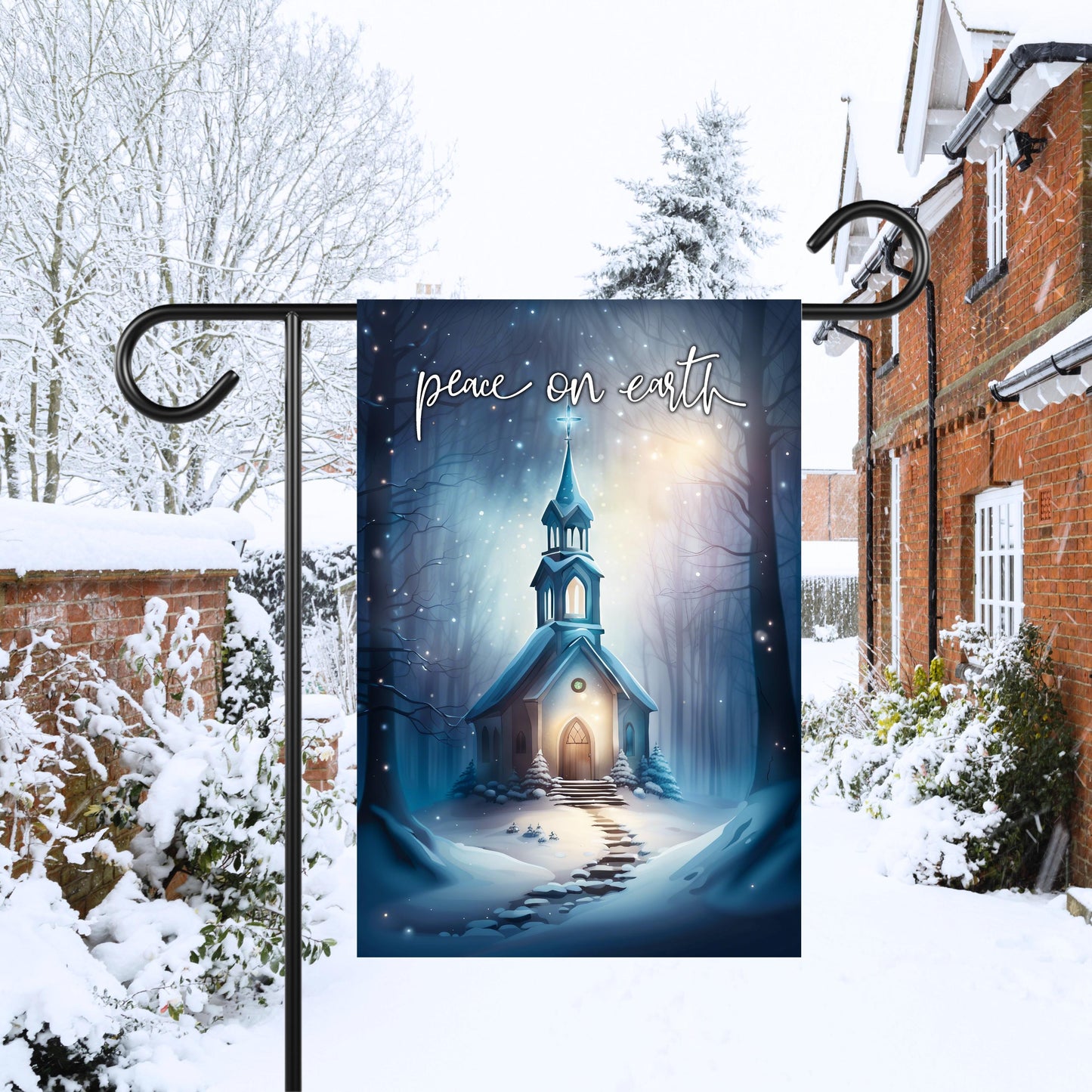 Garden Flag - Vintage Church Winter Scene 12x18 Inch Peace On Earth Design