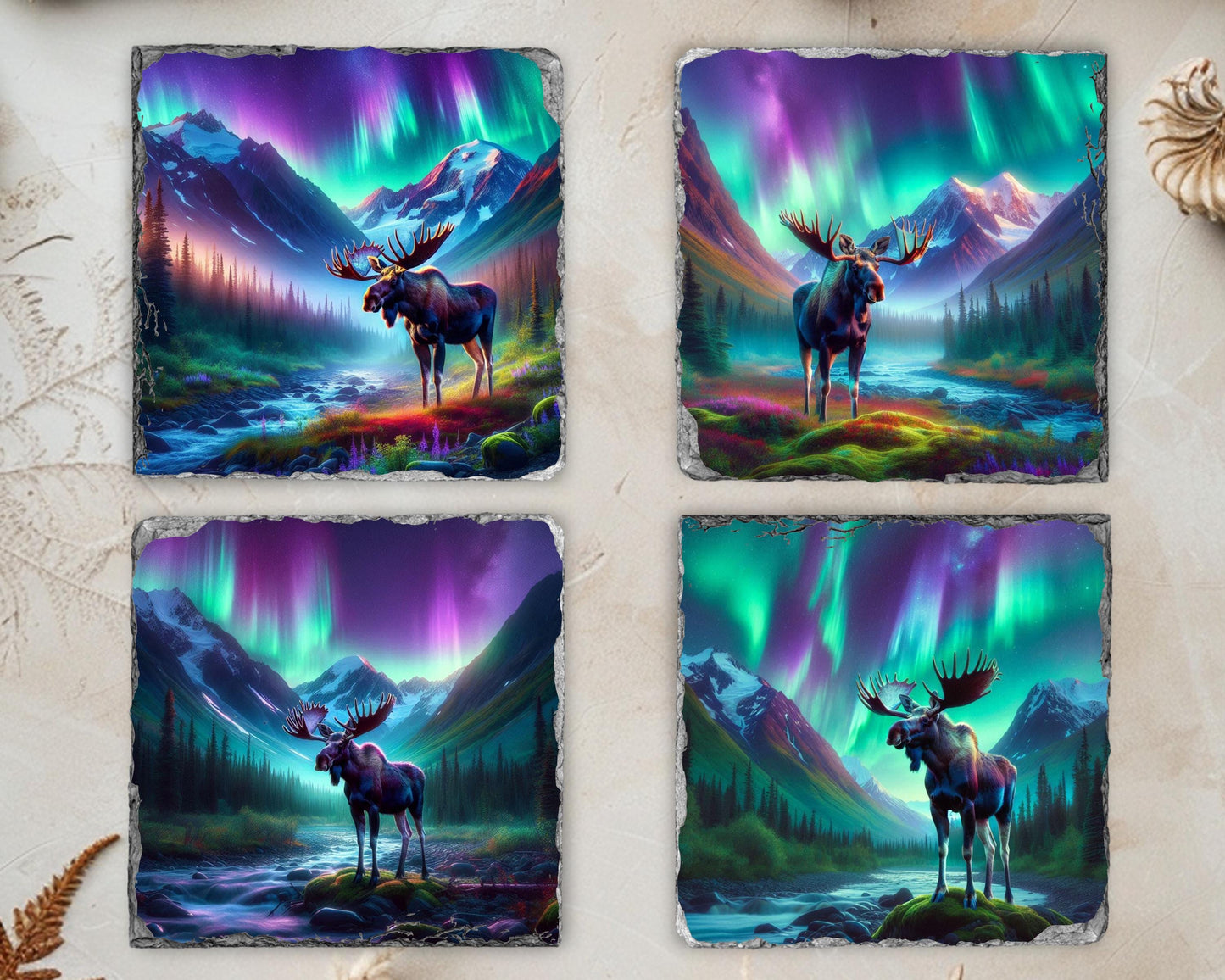 Rustic Slate Coaster Set with Moose Design - Ideal Cabin Gift for Nature Enthusiasts