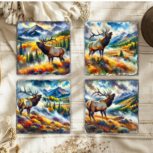 Elk Mountain Watercolor Slate Coaster Set  Rustic Fall Decor for Outdoor Enthusiasts