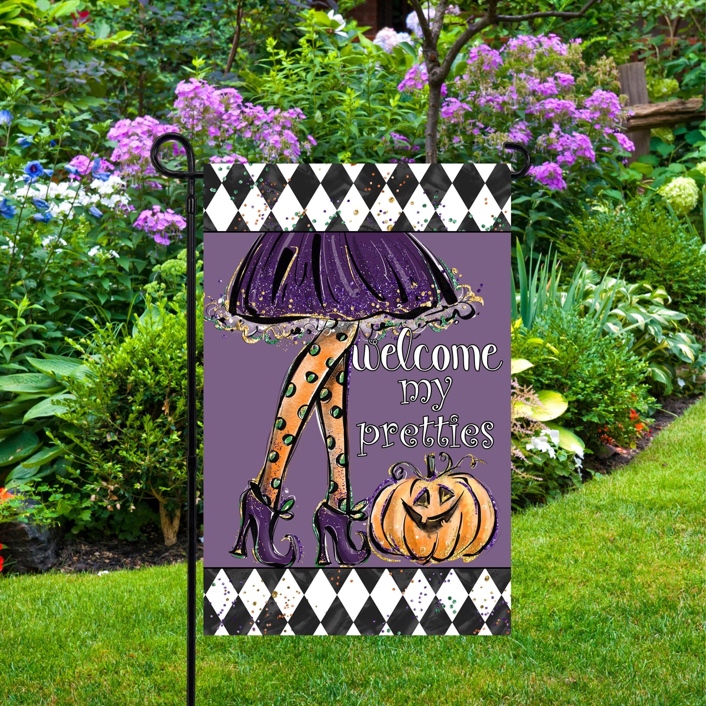 Double-Sided Halloween Garden Flag - 12x18 Inch Witch Legs Welcome My Pretties
