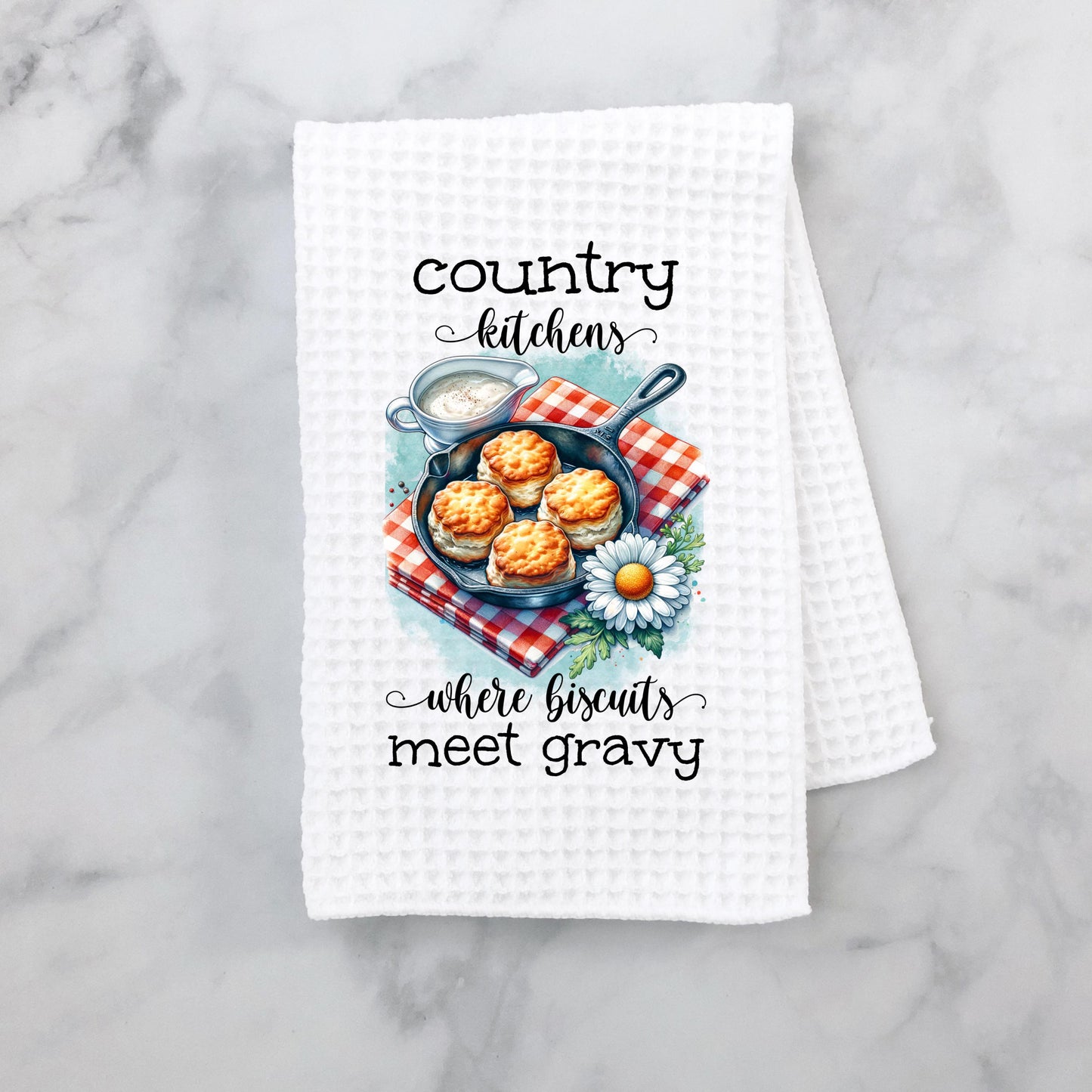 Country Kitchen Waffle Weave Towel, Charming Rustic Farmhouse Towel, Unique Hostess Gift, Cute Towel for Mom, Farmhouse Charm, Biscuit Theme