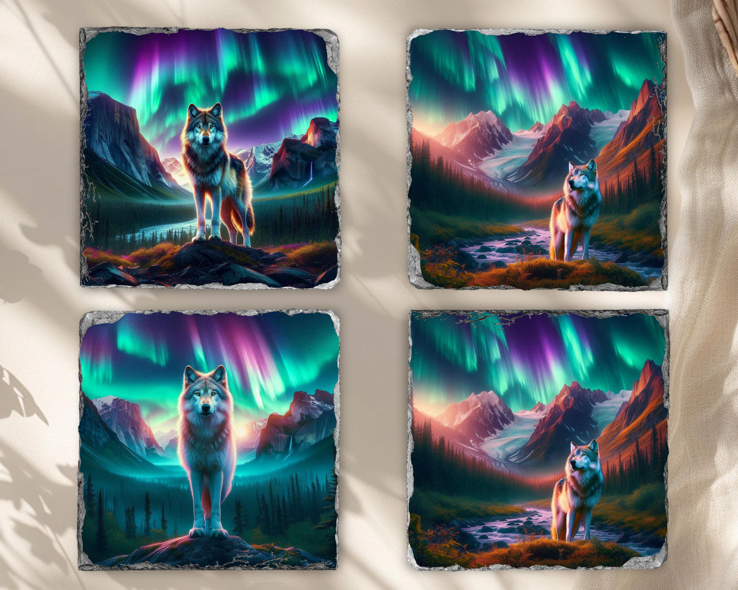 Wolf Northern Lights Rustic Slate Coaster Set with Rack
