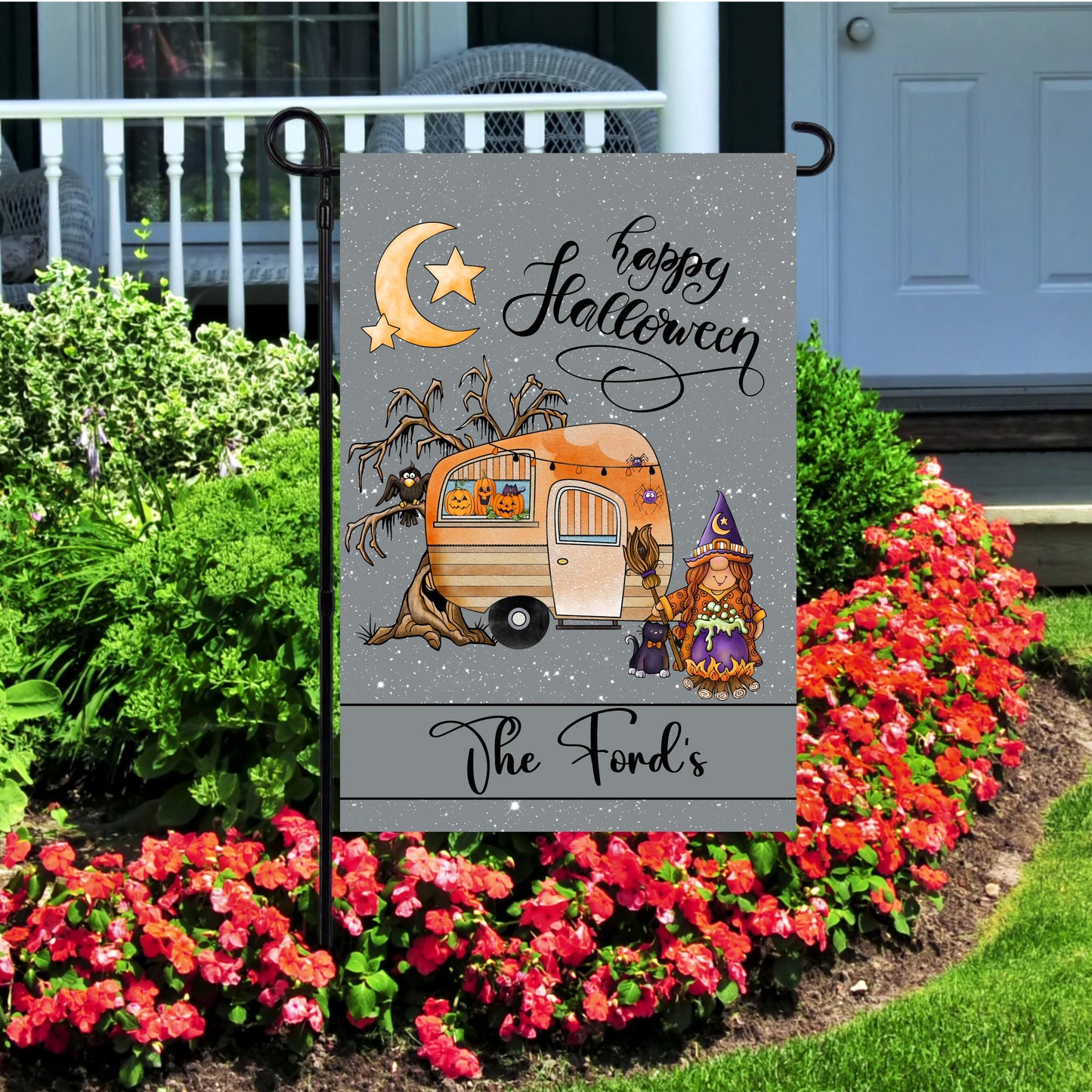 Personalized Halloween Garden Flag for Camping Enthusiasts - Custom Camper Gift Idea