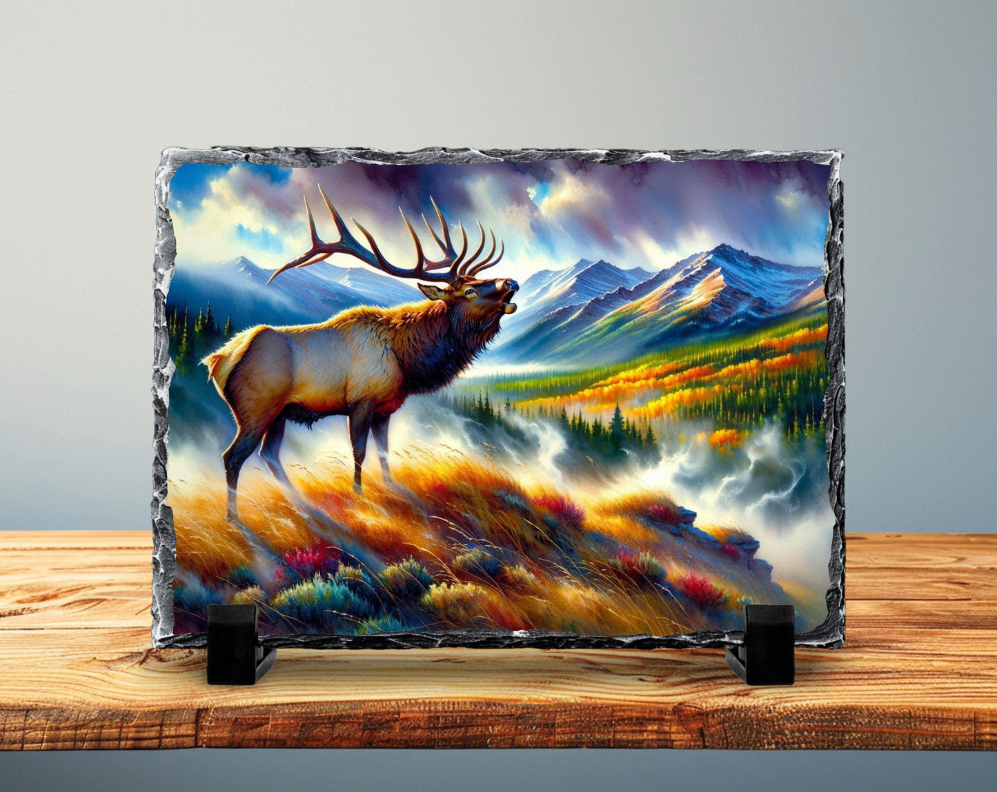 Bugling Elk Slate Plaque - Fall Morning Fog Mountain Valley Wildlife Art for Rustic Cabin Decor