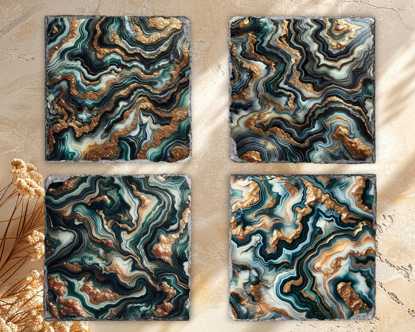 Fractured Edge Slate Coaster Set of 4 with Green Agate Pattern Gold Faux Glitter - Unique Housewarming Gift Elegant Home Décor