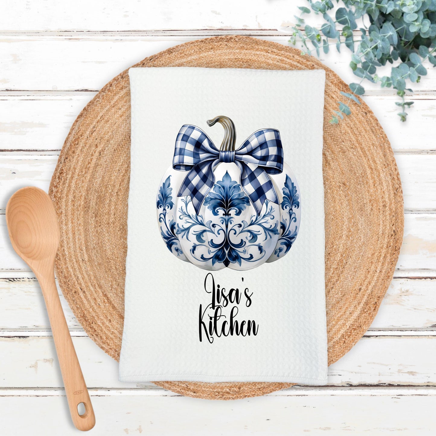 Chinoiserie Coquette Pumpkin Waffle Towel, Personalized Name Towel, Unique Hostess Gift