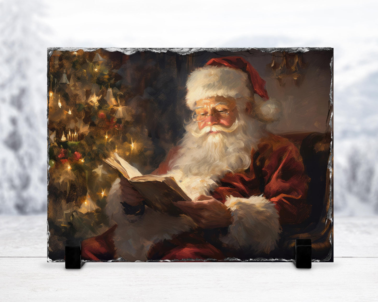 Watercolor Santa Slate Plaque - Holiday Decor with Fractured Edge Christmas Tree Reading Scene