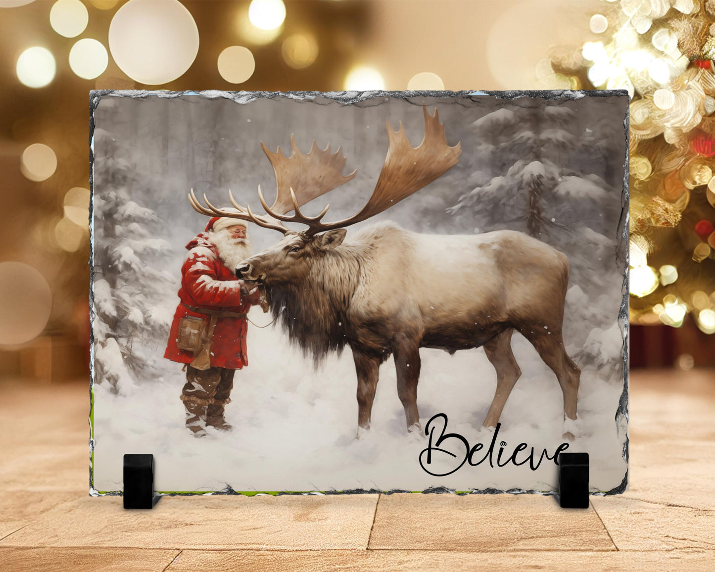 Believe Quote Slate Plaque with Santa Reindeer - Fractured Edge Christmas Decor
