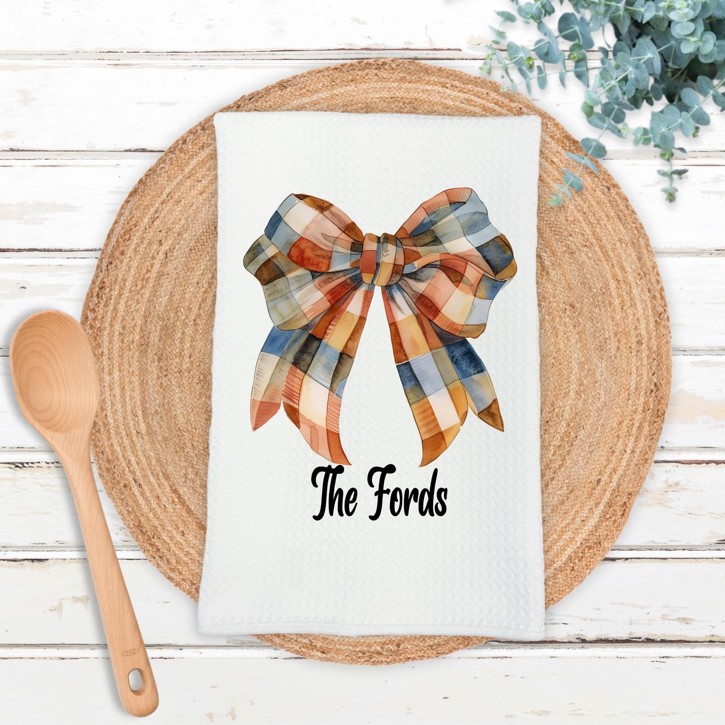 Personalized Fall Gingham Bow Waffle Weave Towel, Custom Kitchen Decor, Unique Gift for Her, Hostess Gift, Autumn Gingham Bow Towel