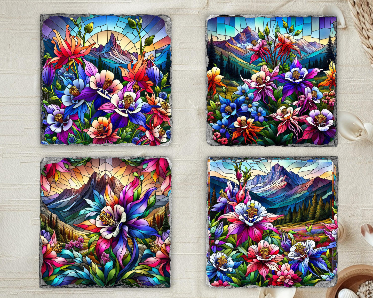 Rocky Mountain Columbine Slate Coaster Set - Rustic Nature-Inspired Home Decor Gift