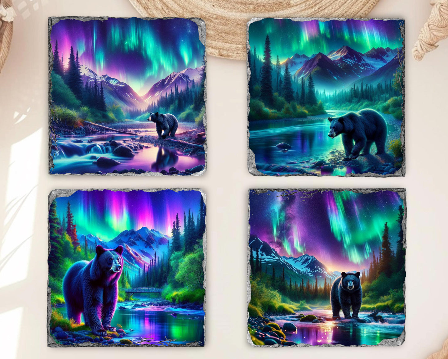 Black Bear Slate Coaster Set - Rustic Cabin Drinkware Decor for Nature Lovers