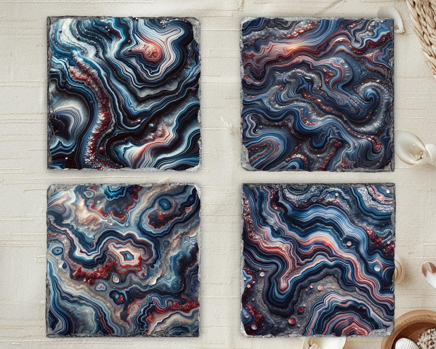 Agate Pattern Slate Coaster Set with Unique Fractured Edges - Nature-Inspired Stone Coasters Perfect Gift for Him