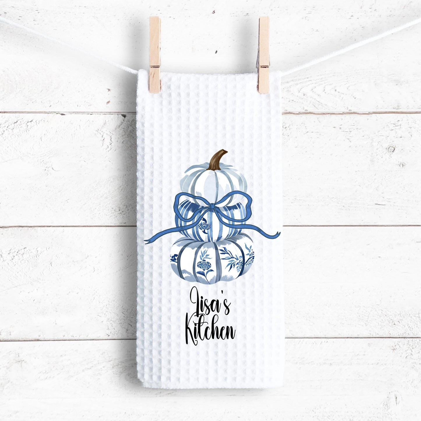 Personalized Blue Pumpkin Topiary Towel, 16x24" Waffle Weave Microfiber with Bow, Chinoiserie Fall Pumpkins