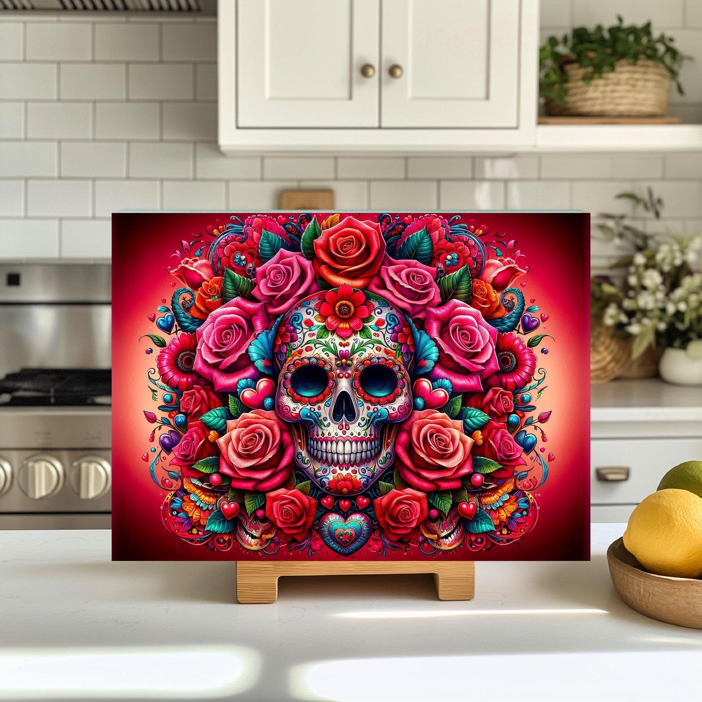 Tempered Glass Cutting Board with Day of the Dead Skull Design - Ideal for Meal Prep