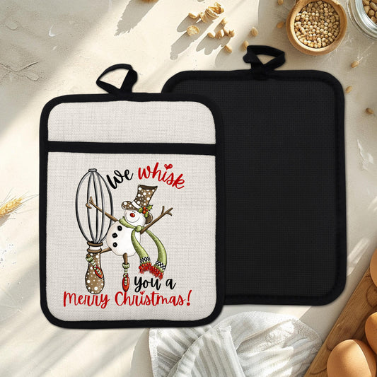 Funny Snowman Pot Holder with We Whisk You a Merry Christmas Quote - Linen Hot Pad for Holiday Kitchen Gift