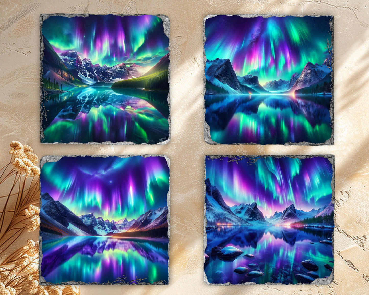Northern Lights Slate Coaster Set with Rack - Rustic Mountain Lake Design Perfect for Holiday Gifting