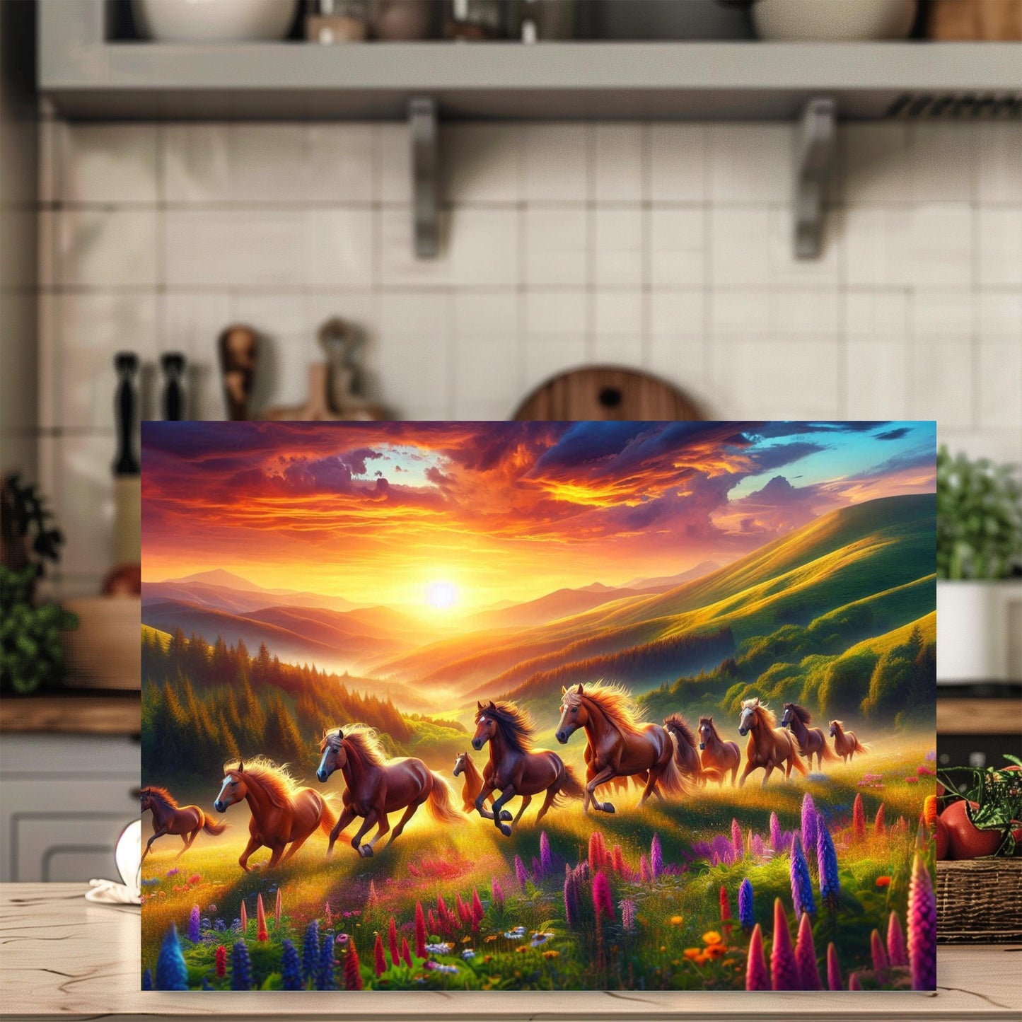 Wild Horse Sunset Cutting Board - Rustic Kitchen Decor for Horse Lovers Mountain Valley Design with Wildflowers