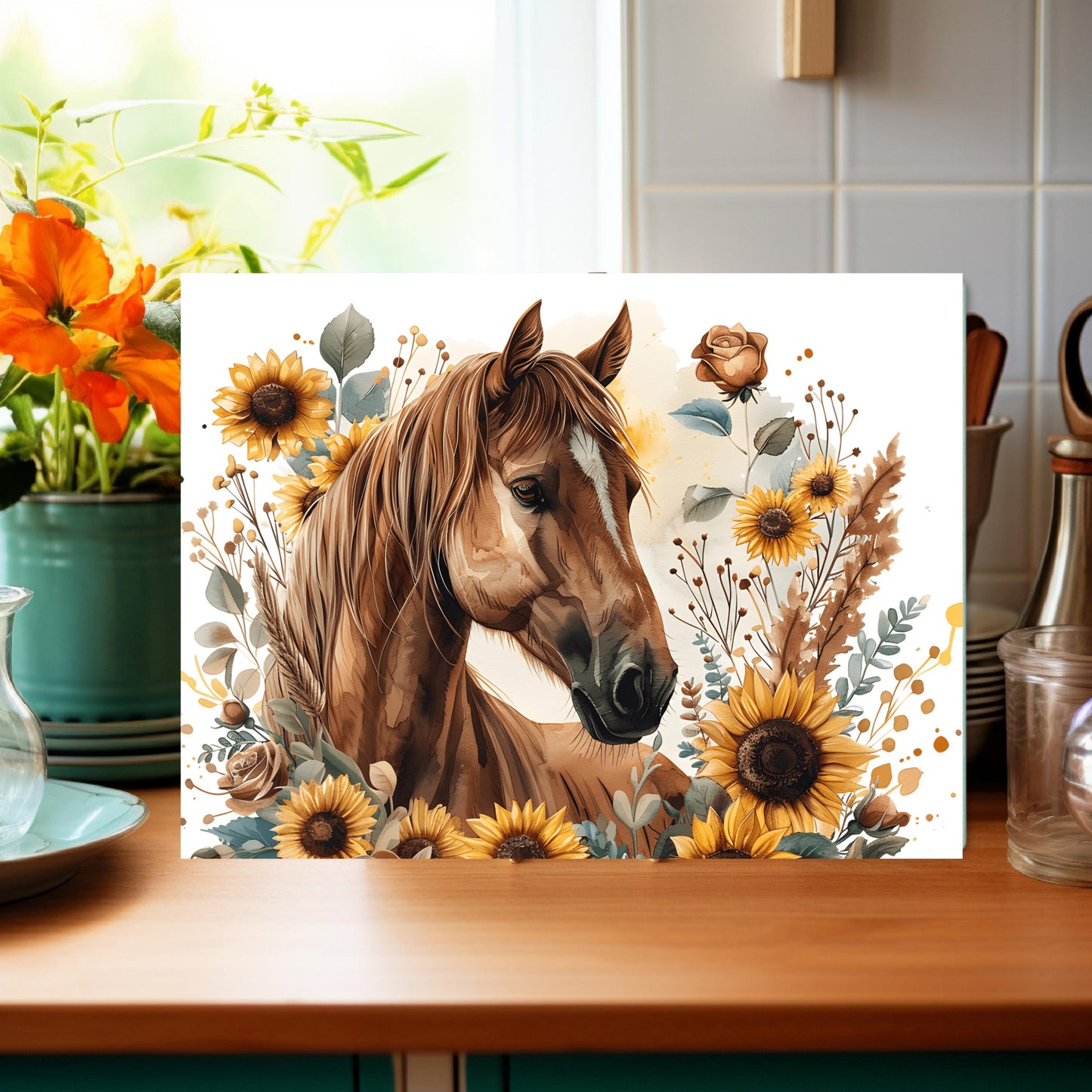 Horse and Sunflower Tempered Glass Cutting Board - Perfect Gift for Horse Lovers 11x15 Farmhouse Kitchen Decor