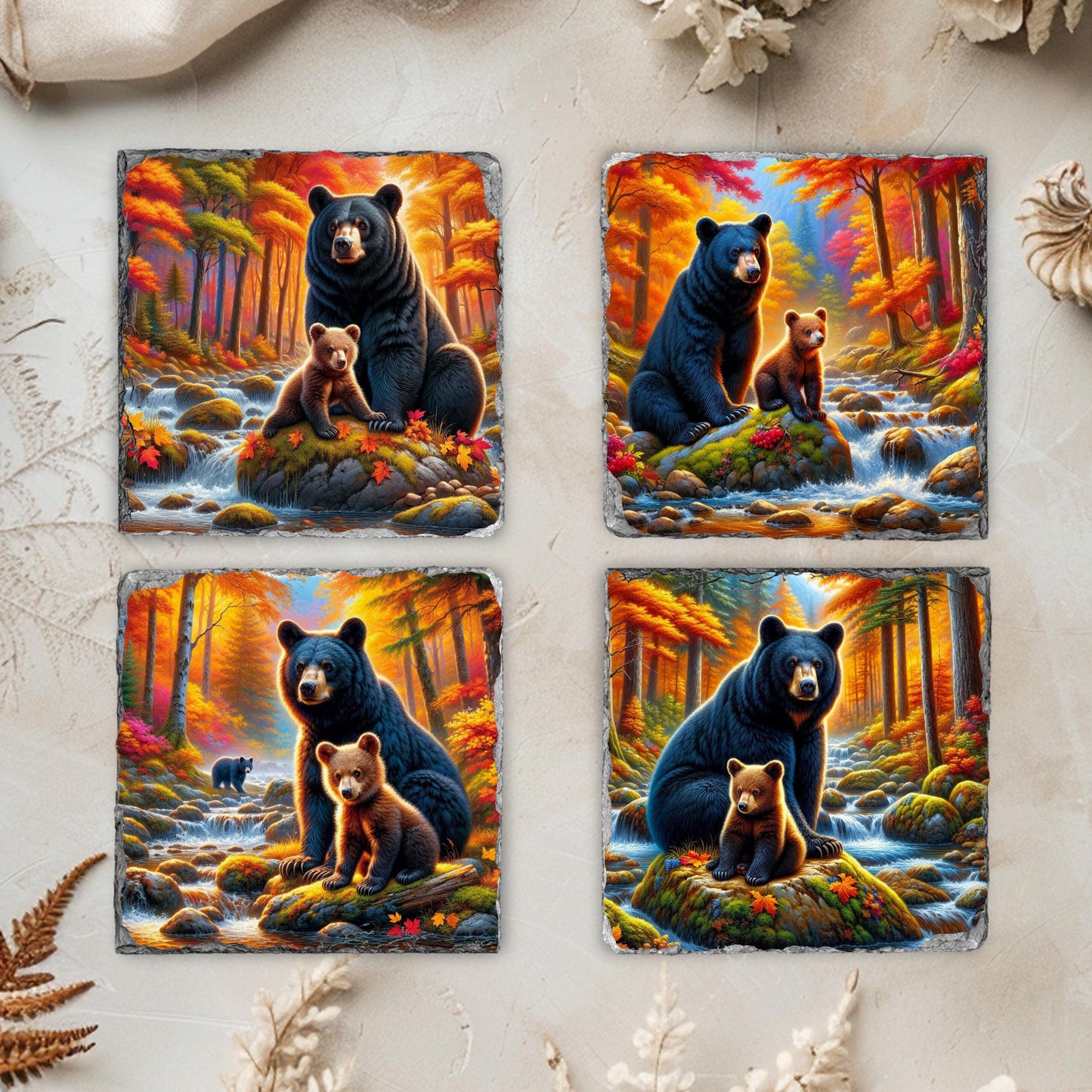 Fractured Edge Slate Coaster Set with Bear and Cub Fall River Scene - Ideal Gift for Nature Lovers