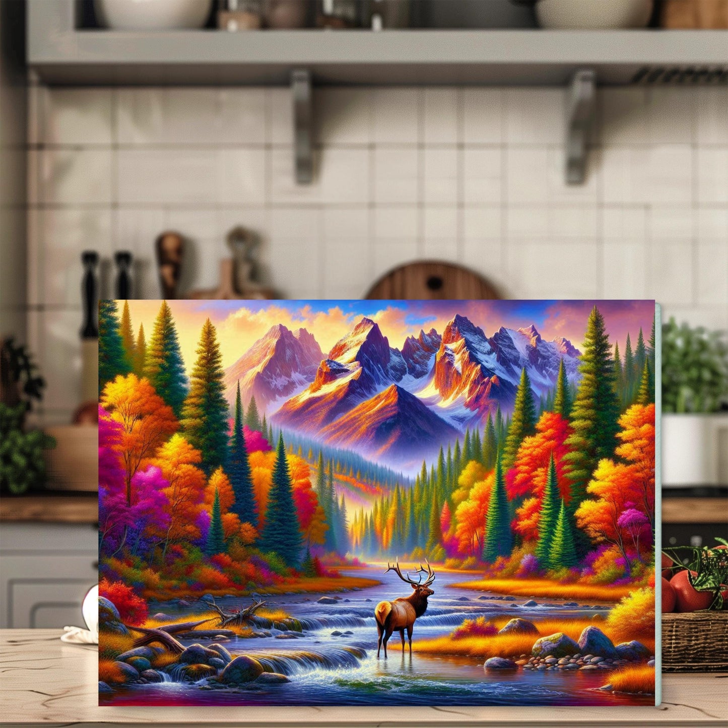 Glass Cutting Board with Elk in Mountain River Design - Fall Wildlife Kitchen Decor