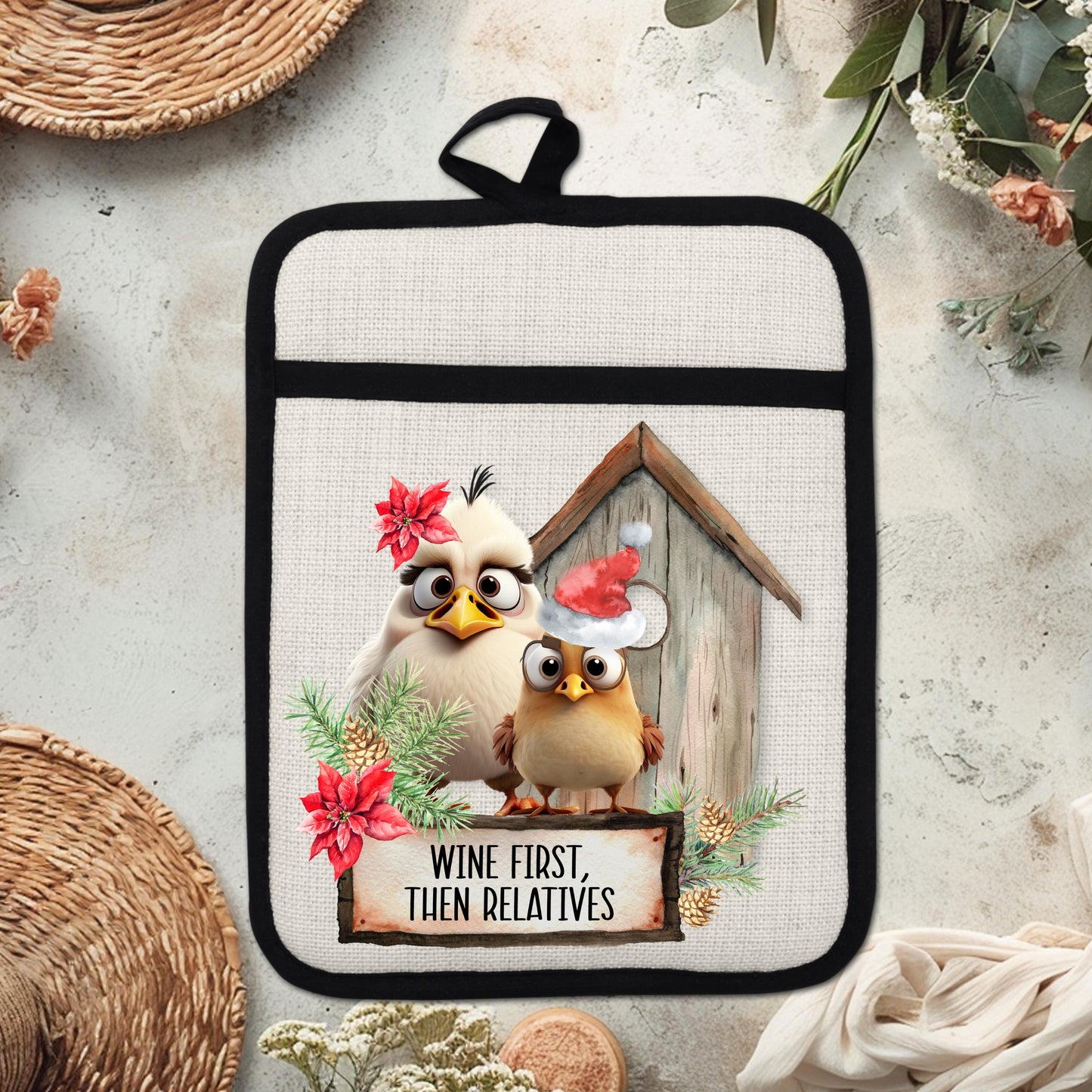 Funny Chicken Christmas Pot Holder with Wine First Then Relatives Quote - Rustic Linen Hot Pad Holiday Gift