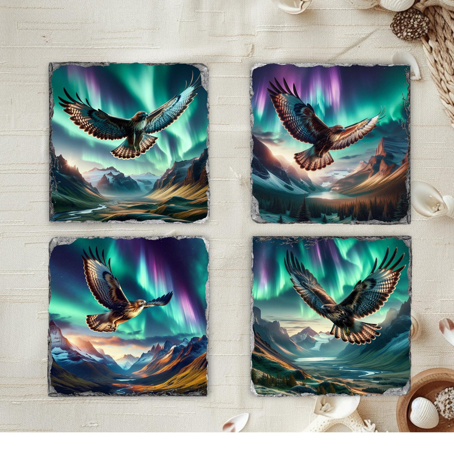Slate Coaster Set with Unique Hawk Northern Lights Designs - Perfect Gift for Outdoor Enthusiasts